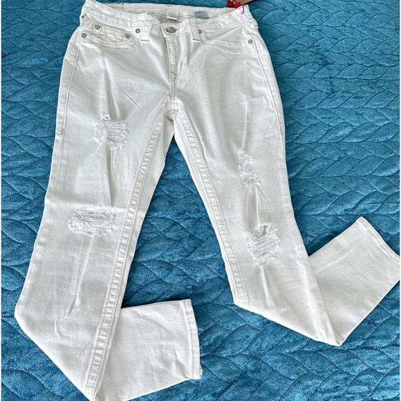 NWT True Religion “Optic White” Cream Ivory Ripped Skinny Curvy Jeans - W 31 - Picture 2 of 13